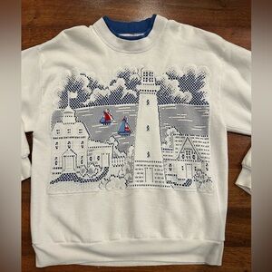Vtg Jerzees Sailboat Sweatshirt Women's Large White Long Sleeve Lace Lighthouse